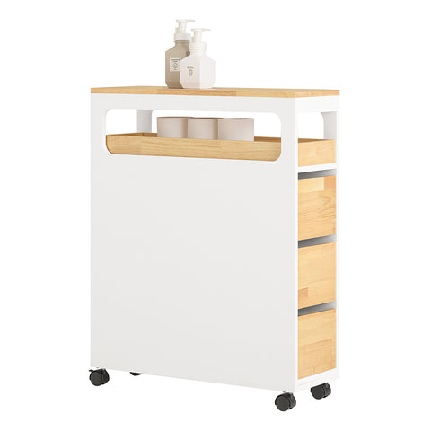 SoBuy BZR54-WN nisrek met 3 laden en 1 afneembaar dienblad keukenrek met wielen badkamerrek niswagen smalle plank badkamermeubel natuur BHT