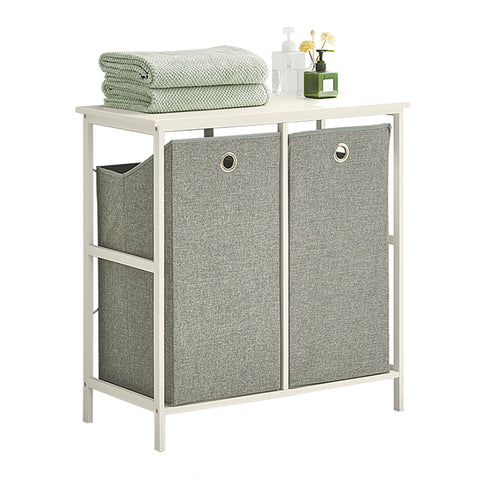 SoBuy BZR57-W Wasmand - met Legplank - 2 Compartimenten - 2 Verwijderbare Waszakken