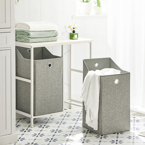 SoBuy BZR57-W Wasmand - met Legplank - 2 Compartimenten - 2 Verwijderbare Waszakken