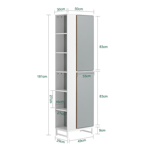 SoBuy BZR76-HG Badkamer Kolomkast - Badkamerkast - Hoge Kast - Staande Kolomkast - Opbergkast Opbergplank met 2 Deuren en 6 Open Vakken