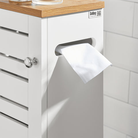SoBuy BZR85-W Badkamer Kast, Staande Badkamerkast, Lage kast, Toiletrolhouder, Toiletkast, Smalle Opbergkast