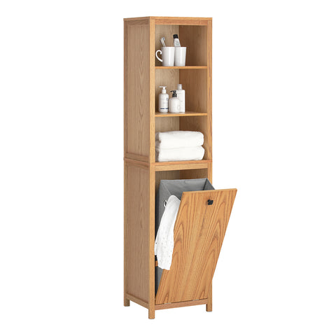 SoBuy BZR95-N Badkamerkast met Kantelbare Wasmand - Badkamer Kolomkast Staande Kast met Wasmandend met 3 Planken en 1 Wasmand
