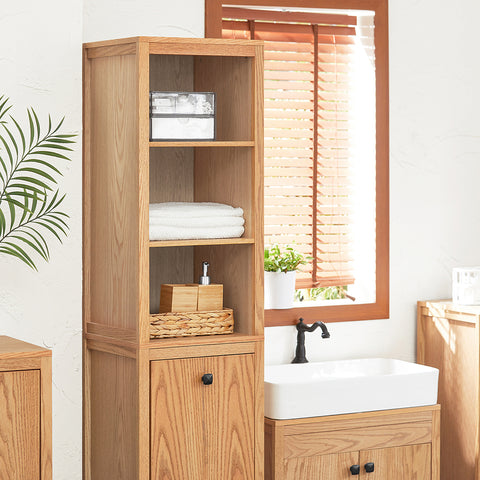 SoBuy BZR95-N Badkamerkast met Kantelbare Wasmand - Badkamer Kolomkast Staande Kast met Wasmandend met 3 Planken en 1 Wasmand