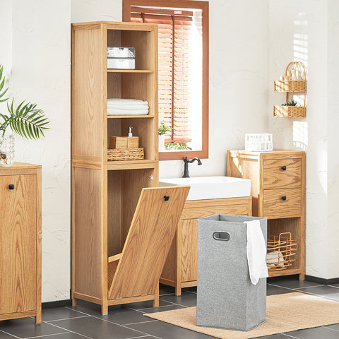 SoBuy BZR95-N Badkamerkast met Kantelbare Wasmand - Badkamer Kolomkast Staande Kast met Wasmandend met 3 Planken en 1 Wasmand