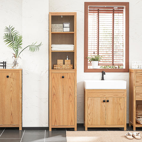 SoBuy BZR95-N Badkamerkast met Kantelbare Wasmand - Badkamer Kolomkast Staande Kast met Wasmandend met 3 Planken en 1 Wasmand
