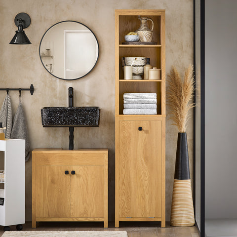 SoBuy BZR95-SN Badkamermeubel, hoge kast, opbergkast, opbergrek met 1 wasmand en 3 planken voor badkamer, 40 x 35 x 173 cm