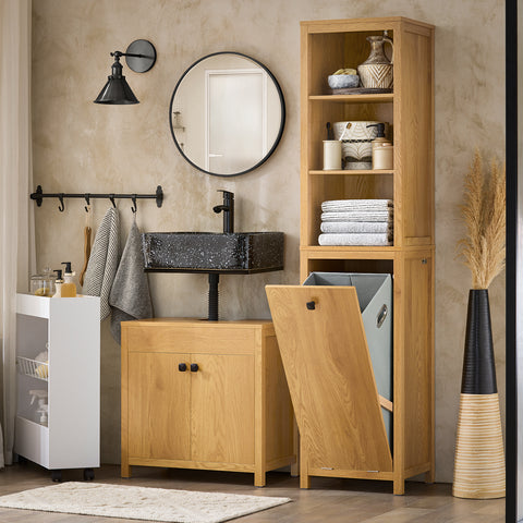SoBuy BZR95-SN Badkamermeubel, hoge kast, opbergkast, opbergrek met 1 wasmand en 3 planken voor badkamer, 40 x 35 x 173 cm