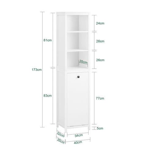 SoBuy BZR95-W Badkamermeubel, hoge kast, opbergkast, opbergrek met 1 wasmand en 3 planken voor badkamer