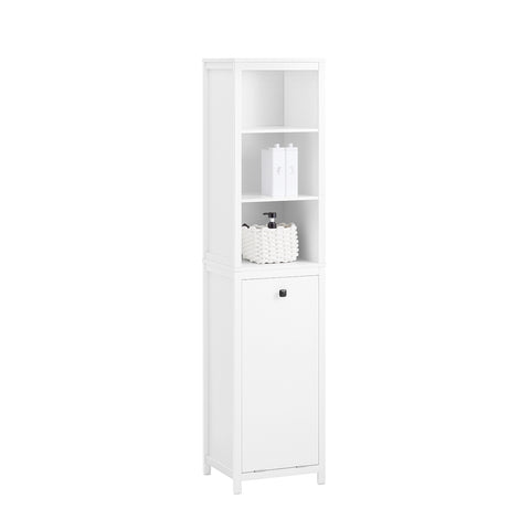 SoBuy BZR95-W Badkamermeubel, hoge kast, opbergkast, opbergrek met 1 wasmand en 3 planken voor badkamer