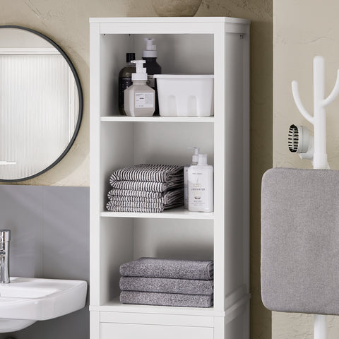 SoBuy BZR95-W Badkamermeubel, hoge kast, opbergkast, opbergrek met 1 wasmand en 3 planken voor badkamer