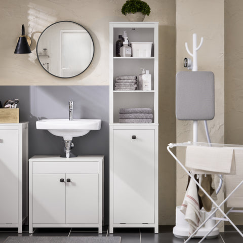 SoBuy BZR95-W Badkamermeubel, hoge kast, opbergkast, opbergrek met 1 wasmand en 3 planken voor badkamer