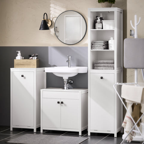 SoBuy BZR95-W Badkamermeubel, hoge kast, opbergkast, opbergrek met 1 wasmand en 3 planken voor badkamer