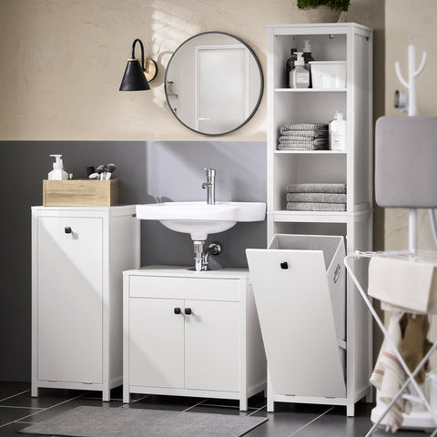 SoBuy BZR95-W Badkamermeubel, hoge kast, opbergkast, opbergrek met 1 wasmand en 3 planken voor badkamer