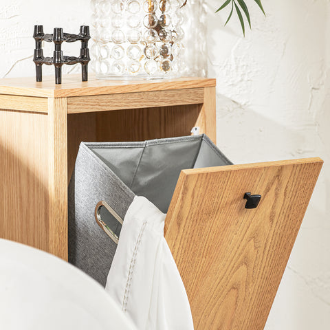 SoBuy BZR96-N Badkamerkast met 1 Wasmand, Smal Badkamerkastje, Lage Kast, Ladenkast, Halfhoge Opbergkast Opbergplank