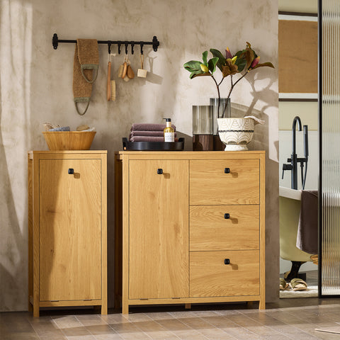 SoBuy BZR97-SN Waskast met waszak, onderkast voor badkamer, commode voor badkamer, toiletkast met 3 laden en 1 wasmand
