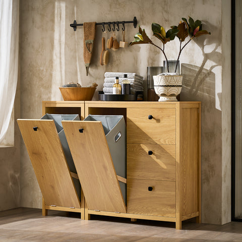 SoBuy BZR97-SN Waskast met waszak, onderkast voor badkamer, commode voor badkamer, toiletkast met 3 laden en 1 wasmand