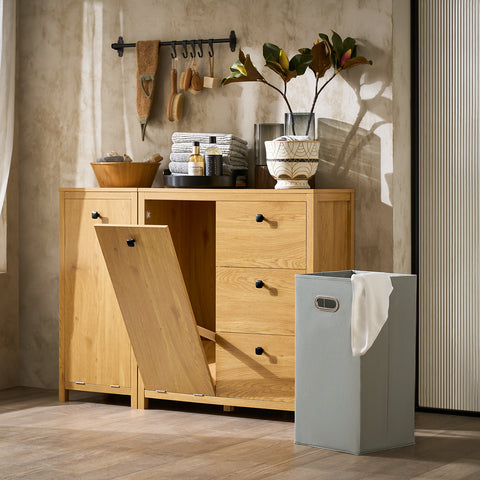SoBuy BZR97-SN Waskast met waszak, onderkast voor badkamer, commode voor badkamer, toiletkast met 3 laden en 1 wasmand