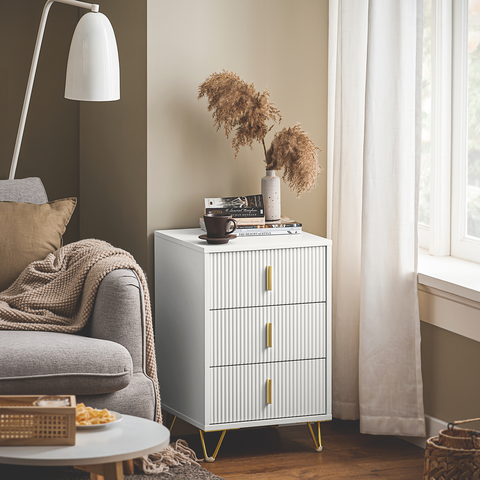 SoBuy FBT115-L-W Nachtkastje met 3 Schuifladen - Bijzettafel - Sofa Bijzettafel - Salontafel - Slaapkamertafel - Bedtafel