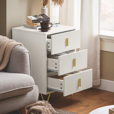 SoBuy FBT115-L-W Nachtkastje met 3 Schuifladen - Bijzettafel - Sofa Bijzettafel - Salontafel - Slaapkamertafel - Bedtafel