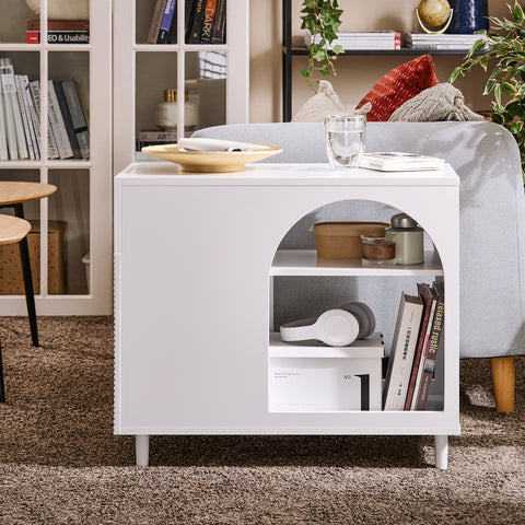 SoBuy FBT135-W Bijzettafel, bankpunt voor woonkamer, salontafel, bureaukast met 1 lade, 1 deur en vakken, wit, 70 x 35 x 60 cm
