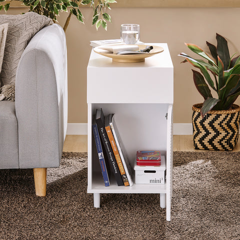 SoBuy FBT135-W Bijzettafel, bankpunt voor woonkamer, salontafel, bureaukast met 1 lade, 1 deur en vakken, wit, 70 x 35 x 60 cm