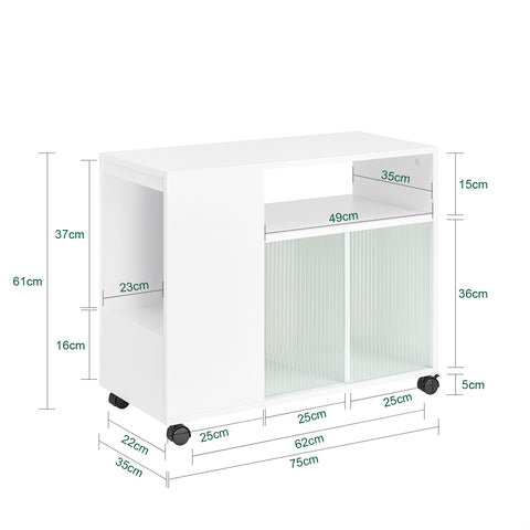 SoBuy FBT142-W Bijzettafel, bankpunt voor woonkamer, salontafel, kantoorkast, op wielen, bureauwagen met lade en glazen deuren