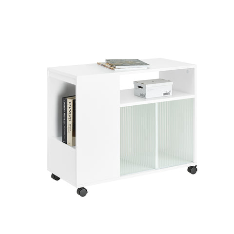 SoBuy FBT142-W Bijzettafel, bankpunt voor woonkamer, salontafel, kantoorkast, op wielen, bureauwagen met lade en glazen deuren