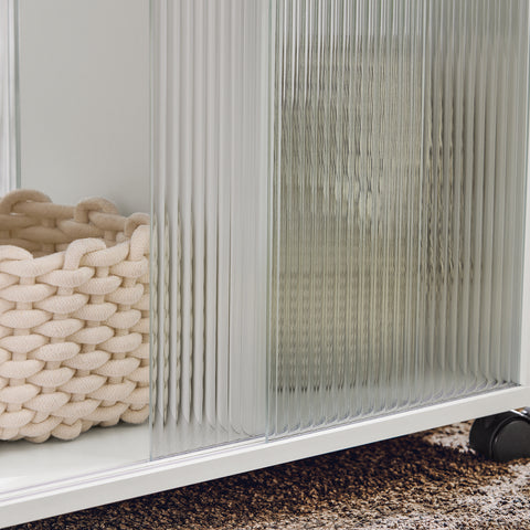 SoBuy FBT142-W Bijzettafel, bankpunt voor woonkamer, salontafel, kantoorkast, op wielen, bureauwagen met lade en glazen deuren