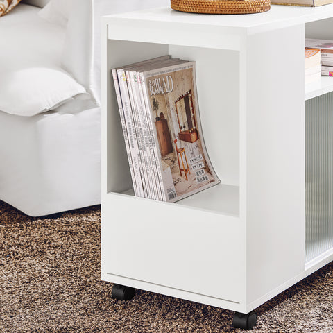 SoBuy FBT142-W Bijzettafel, bankpunt voor woonkamer, salontafel, kantoorkast, op wielen, bureauwagen met lade en glazen deuren