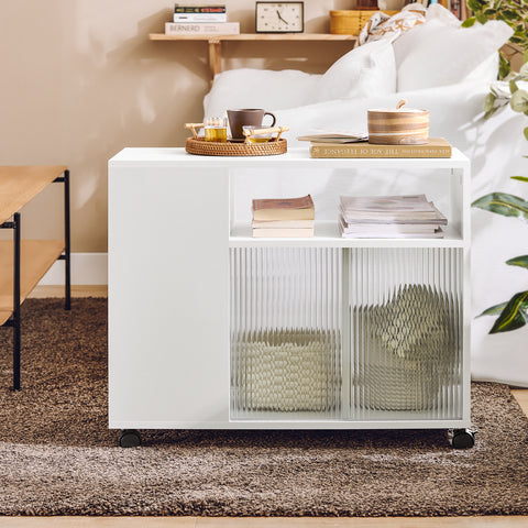 SoBuy FBT142-W Bijzettafel, bankpunt voor woonkamer, salontafel, kantoorkast, op wielen, bureauwagen met lade en glazen deuren