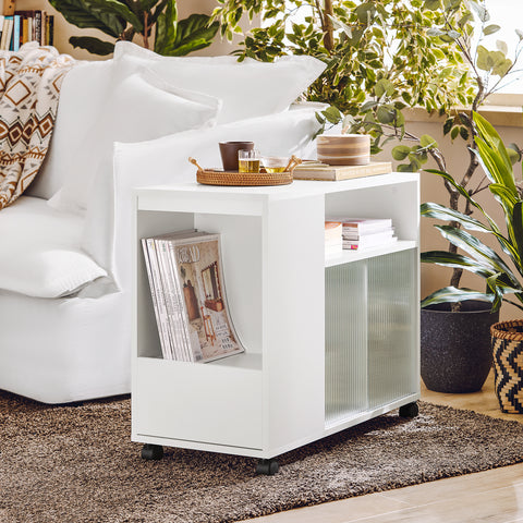 SoBuy FBT142-W Bijzettafel, bankpunt voor woonkamer, salontafel, kantoorkast, op wielen, bureauwagen met lade en glazen deuren