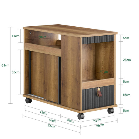 SoBuy FBT143-PF Bankpunt op wielen, nachtkastje, bijzettafel met 1 lade, 2 open vakken en 4 deuren, 35 x 75 x 61 cm (l x d x h)