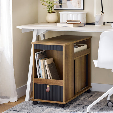 SoBuy FBT143-PF Bankpunt op wielen, nachtkastje, bijzettafel met 1 lade, 2 open vakken en 4 deuren, 35 x 75 x 61 cm (l x d x h)