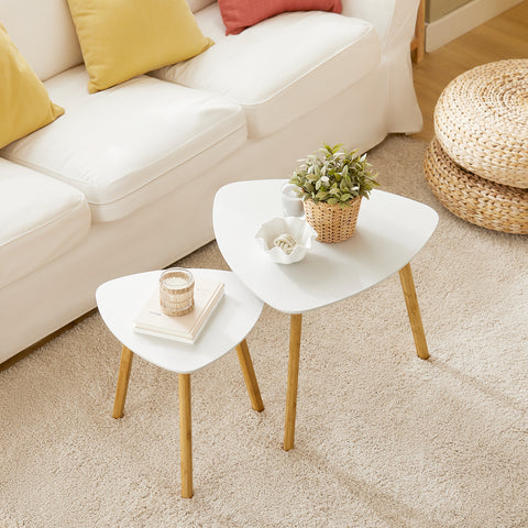 SoBuy FBT74-W Set van 2 Bijzettafel met Planken Salontafel Bamboe Wit/Naturel