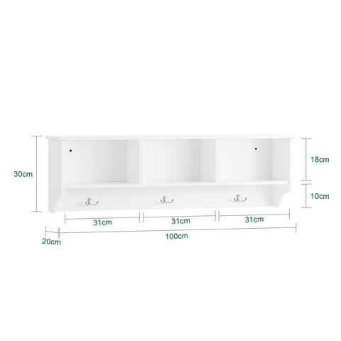 SoBuy FHK35-W Wandkapstok, wandhaak, opbergrek, entreekast met 3 vakken en 3 haken voor hal, wit, 100 x 20 x 30 cm (l x d x h)