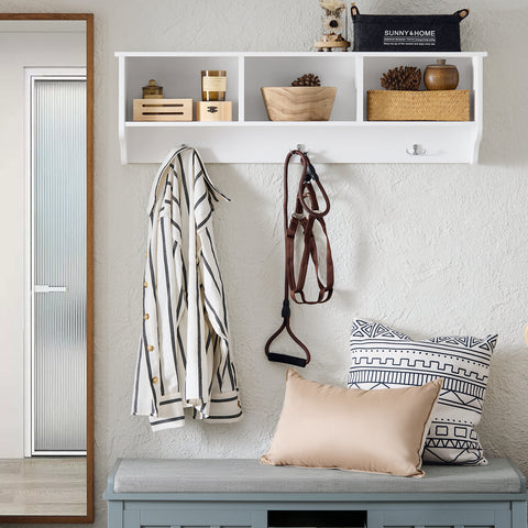 SoBuy FHK35-W Wandkapstok, wandhaak, opbergrek, entreekast met 3 vakken en 3 haken voor hal, wit, 100 x 20 x 30 cm (l x d x h)