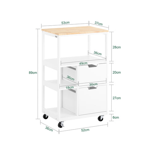 SoBuy FKW111-WN Keukenwagen met 2 laden en 3 planken Serveerwagen Bijzetwagen Trolley Theewagen Barwagen Keukenrek met wieltjes