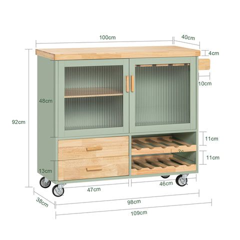 SoBuy FKW114-GR Centraal Keukeneiland, Keukenkast, Keukenrek, Keukenwagen, Keuken Werktafel, Buffetkast, Dressoir met Rubberhouten Blad, Groente