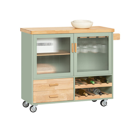 SoBuy FKW114-GR Centraal Keukeneiland, Keukenkast, Keukenrek, Keukenwagen, Keuken Werktafel, Buffetkast, Dressoir met Rubberhouten Blad, Groente