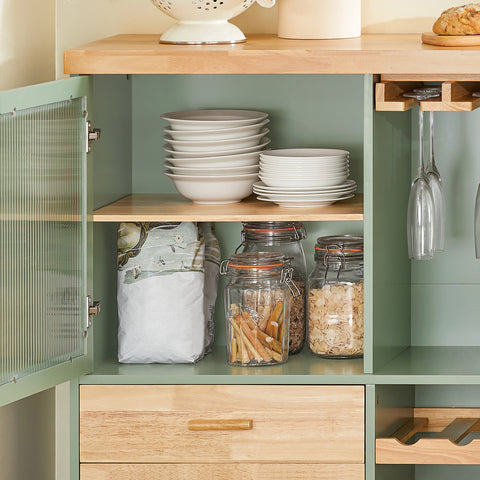 SoBuy FKW114-GR Centraal Keukeneiland, Keukenkast, Keukenrek, Keukenwagen, Keuken Werktafel, Buffetkast, Dressoir met Rubberhouten Blad, Groente