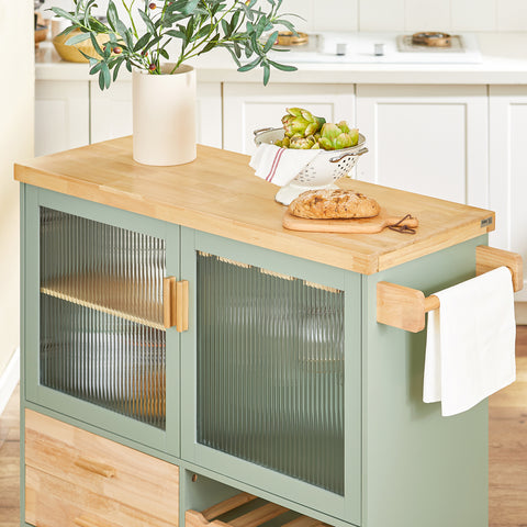SoBuy FKW114-GR Centraal Keukeneiland, Keukenkast, Keukenrek, Keukenwagen, Keuken Werktafel, Buffetkast, Dressoir met Rubberhouten Blad, Groente