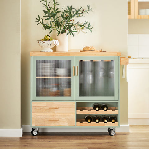 SoBuy FKW114-GR Centraal Keukeneiland, Keukenkast, Keukenrek, Keukenwagen, Keuken Werktafel, Buffetkast, Dressoir met Rubberhouten Blad, Groente