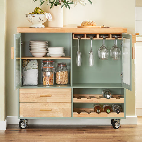 SoBuy FKW114-GR Centraal Keukeneiland, Keukenkast, Keukenrek, Keukenwagen, Keuken Werktafel, Buffetkast, Dressoir met Rubberhouten Blad, Groente