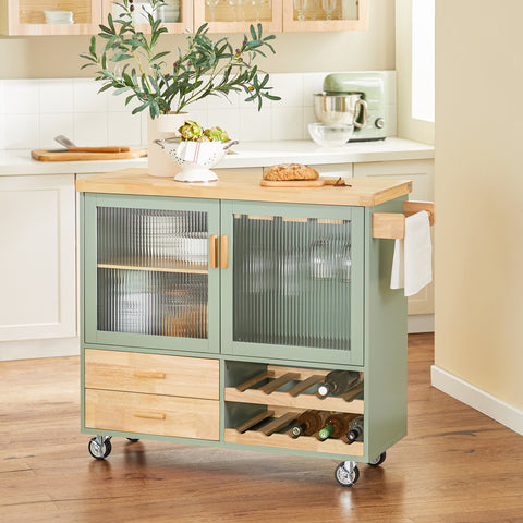 SoBuy FKW114-GR Centraal Keukeneiland, Keukenkast, Keukenrek, Keukenwagen, Keuken Werktafel, Buffetkast, Dressoir met Rubberhouten Blad, Groente