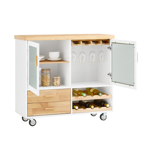 SoBuy FKW114-WN Centraal Keukeneiland, Keukenkast, Keukenrek, Keukenwagen, Keuken Werktafel, Buffetkast, Dressoir met Rubberhouten Blad
