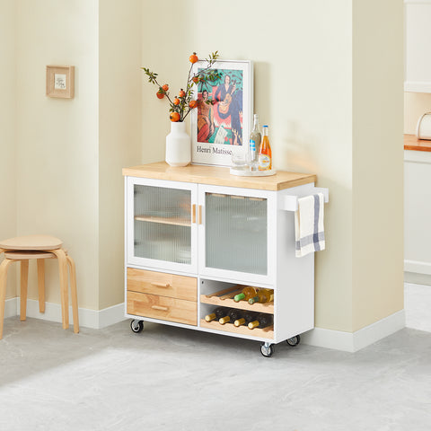 SoBuy FKW114-WN Centraal Keukeneiland, Keukenkast, Keukenrek, Keukenwagen, Keuken Werktafel, Buffetkast, Dressoir met Rubberhouten Blad