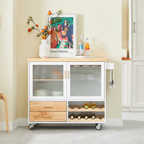 SoBuy FKW114-WN Centraal Keukeneiland, Keukenkast, Keukenrek, Keukenwagen, Keuken Werktafel, Buffetkast, Dressoir met Rubberhouten Blad
