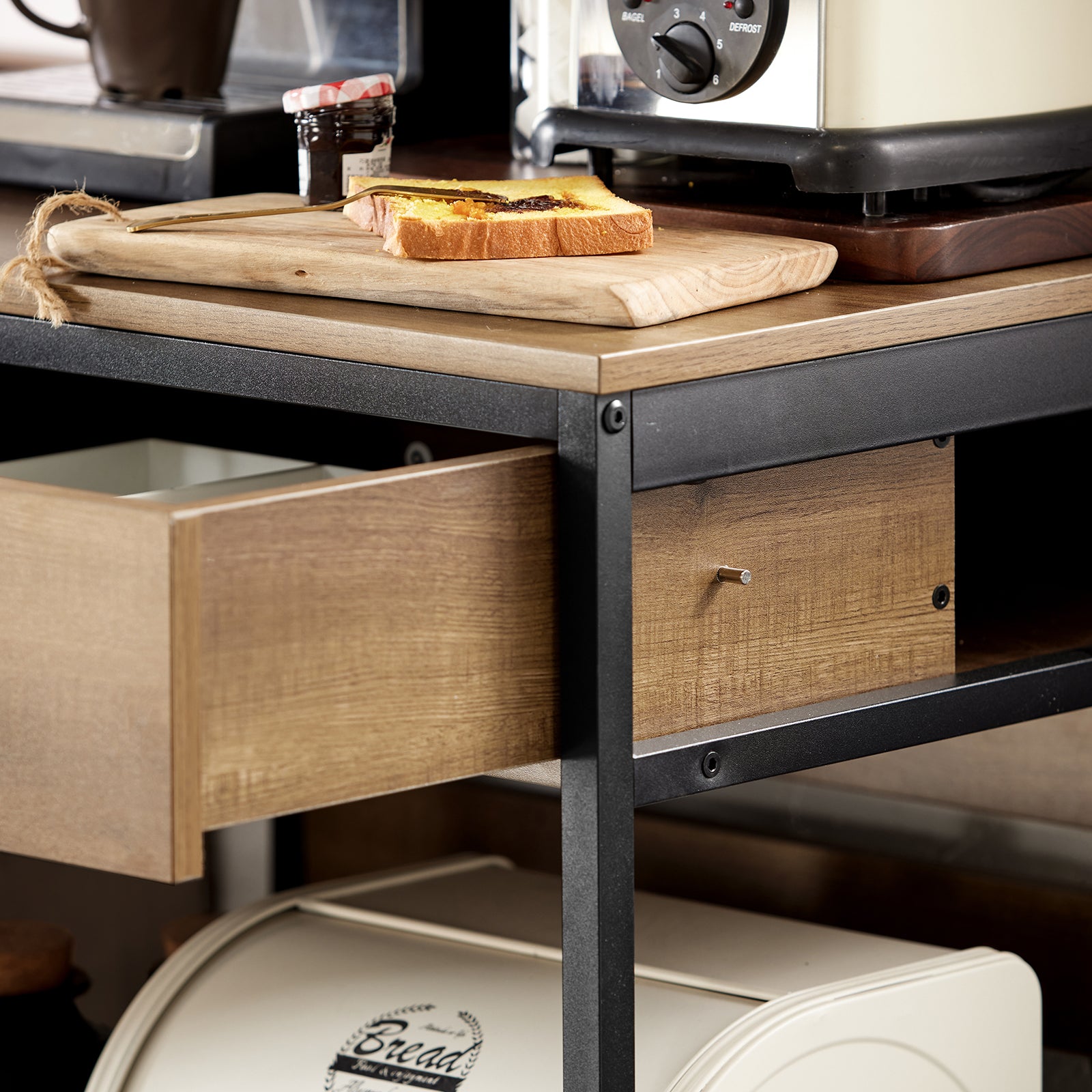 Serveerwagen Mod. Miro, zwart, metaal/acaciahout, 80x98x40 cm, met