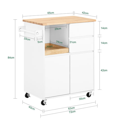SoBuy FKW123-WN Keukenwagen met wieltjes, keukeneiland, dressoir, opbergkast, 1 afneembaar dienblad, 2 laden en 2 deuren