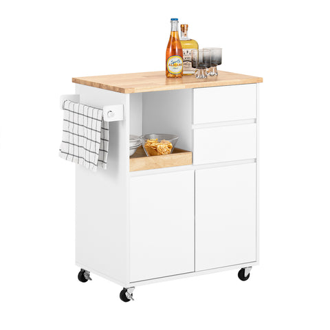 SoBuy FKW123-WN Keukenwagen met wieltjes, keukeneiland, dressoir, opbergkast, 1 afneembaar dienblad, 2 laden en 2 deuren
